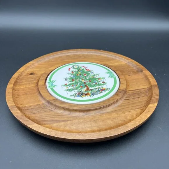 VTG Dolphin Christmas Tree Cheese Plate Board Teak Wood Tile ~12" Server Hot Dip - Picture 10 of 10